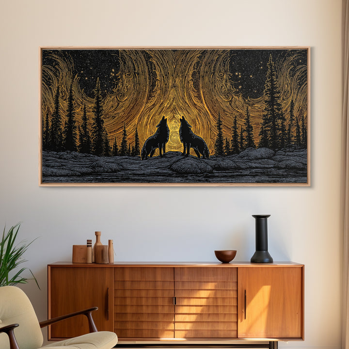 Fenrir Wolves Canvas Gold Art Norse Mythology Canvas Art Nordic Wall Hanging framed in wood, Dad Gift, Viking Decor for Office
