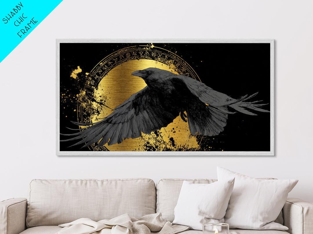 Raven of Odin Metallic Gold Art Norse Mythology Metal Art Nordic Wall Decor framed in real wood, Man Cave Viking Office Gift