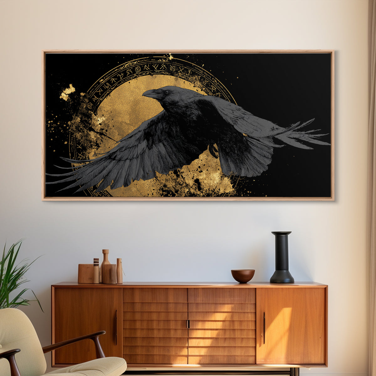 Raven of Odin Canvas Gold Art Norse Mythology Canvas Art Nordic Wall Decor framed in real wood, Man Cave Viking Office Gift