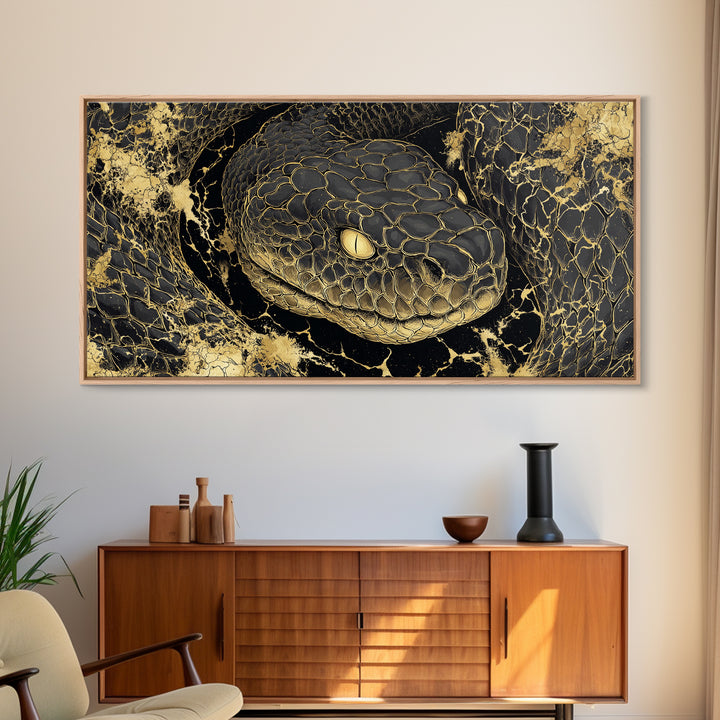 Viking Serpent Jormungandr Canvas Gold Art Canvas Art Norse Mythology Wall Decor for Man Cave or Office framed in natural wood
