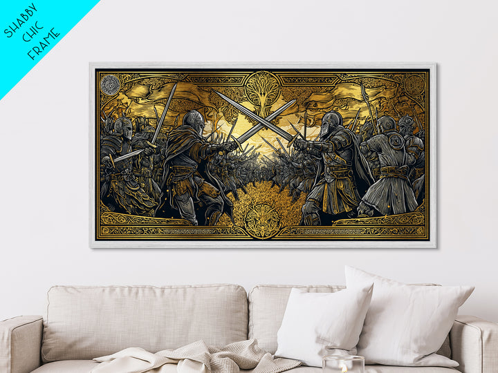 Viking Battle Metallic Gold Art Metal Art Norse Warriors Mythology Wall Decor Office Art Man Cave Gift framed in natural wood