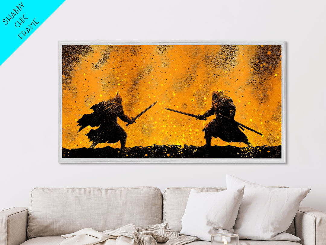 Fiery Duel Metallic Gold Art Metal Art Norse Viking Mythology Warrior Wall Decor Dad Gift Office Art framed in solid wood