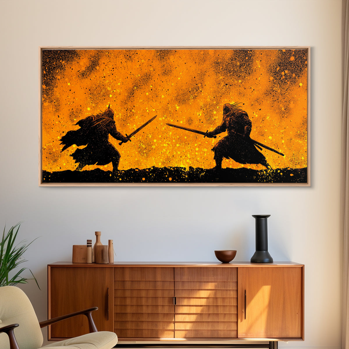Fiery Duel Canvas Gold Art Canvas Art Norse Viking Mythology Warrior Wall Decor Dad Gift Office Art framed in solid wood