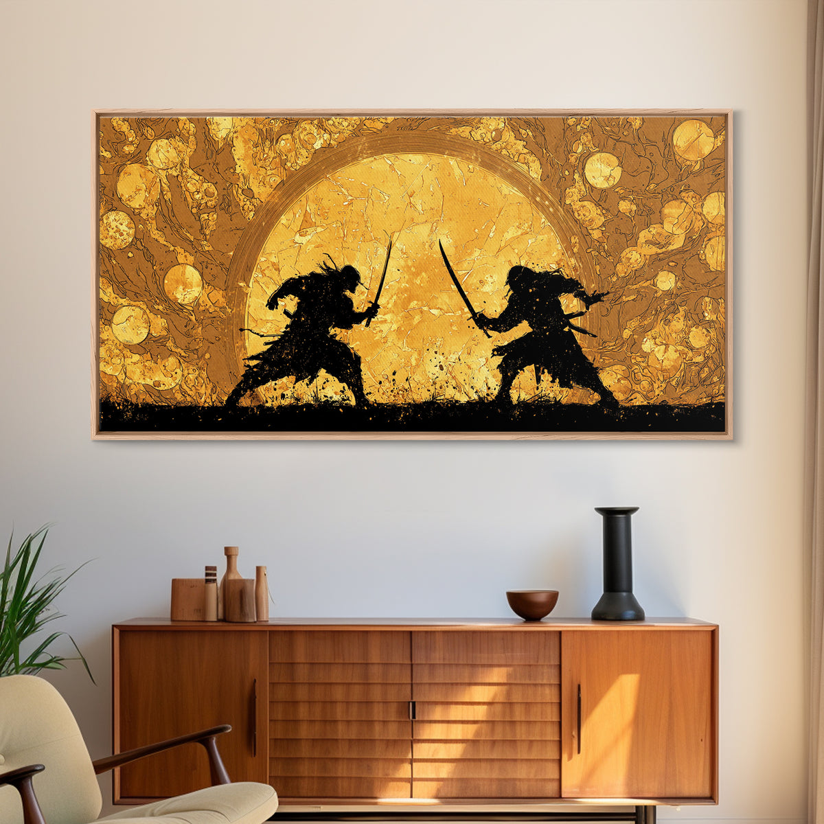 Samurai Duel Canvas Gold Art Canvas Art Norse Inspired Epic Warrior Wall Art Man Cave Decor Office Gift framed in real wood