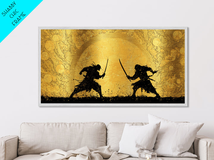 Samurai Duel Metallic Gold Art Metal Art Norse Inspired Epic Warrior Wall Art Man Cave Decor Office Gift framed in real wood