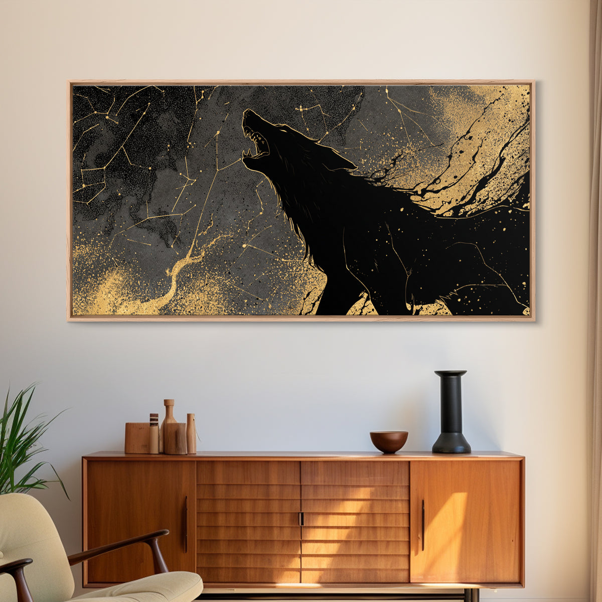 Fenrir Wolf Canvas Gold Art Canvas Art Norse Mythology Beast Viking Wall Decor Dad Gift Office Art framed in real wood frame