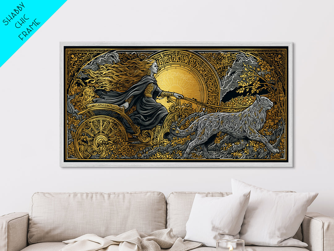 Freyja Metallic Gold Art Metal Art Norse Goddess Viking Mythology Wall Decor Man Cave or Office Art framed in natural wood