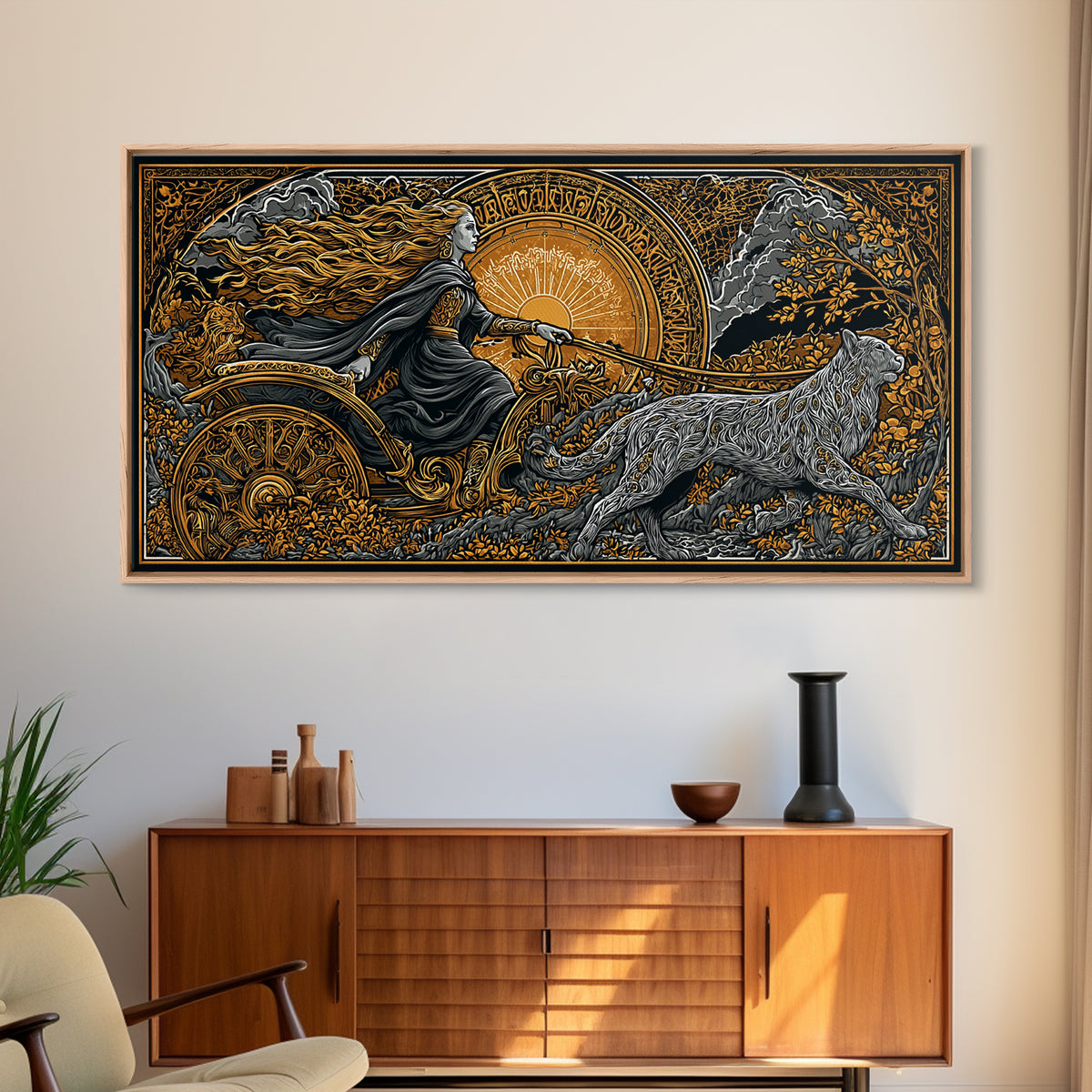 Freyja Canvas Gold Art Canvas Art Norse Goddess Viking Mythology Wall Decor Man Cave or Office Art framed in natural wood