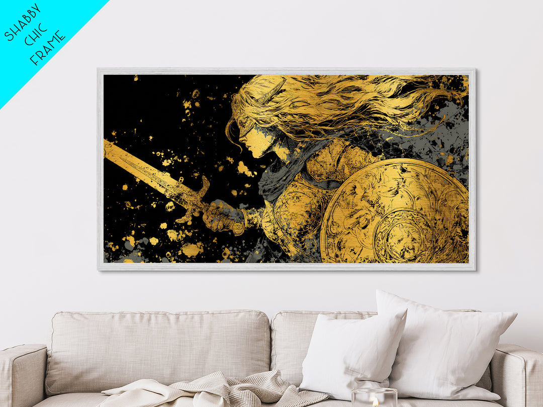 Valkyrie Warrior Metallic Gold Art Metal Art Norse Mythology Female Viking Wall Decor Office Art Man Cave Gift framed in wood