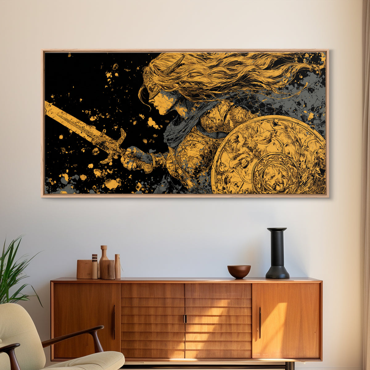 Valkyrie Warrior Canvas Gold Art Canvas Art Norse Mythology Female Viking Wall Decor Office Art Man Cave Gift framed in wood