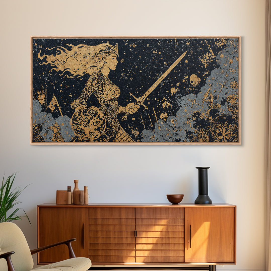 Viking Warrior Queen Hervor Canvas Gold Art Canvas Art Nordic Mythology Wall Decor for Office or Man Cave framed in real wood