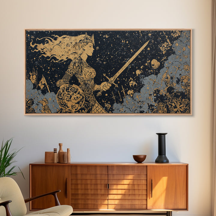 Viking Warrior Queen Hervor Canvas Gold Art Canvas Art Nordic Mythology Wall Decor for Office or Man Cave framed in real wood