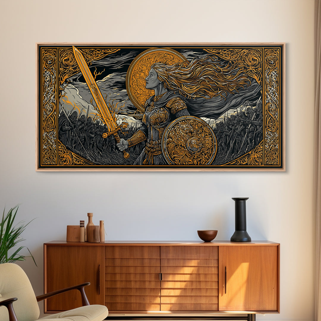 Shieldmaiden Hervor Canvas Gold Art Canvas Art Norse Warrior Goddess Viking Wall Decor Dad Gift Office framed in real wood