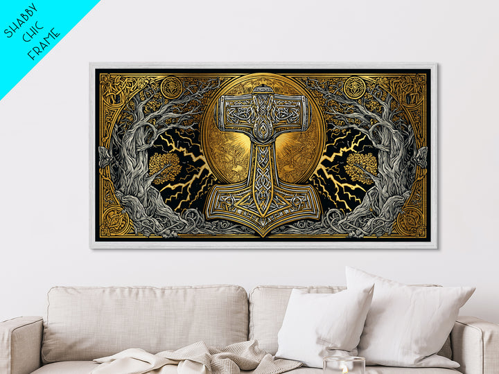 Mjolnir Norse Hammer Metallic Gold Art Metal Art Viking Symbol Wall Art for Man Cave Office or Dad Gift in handcrafted real wood frame