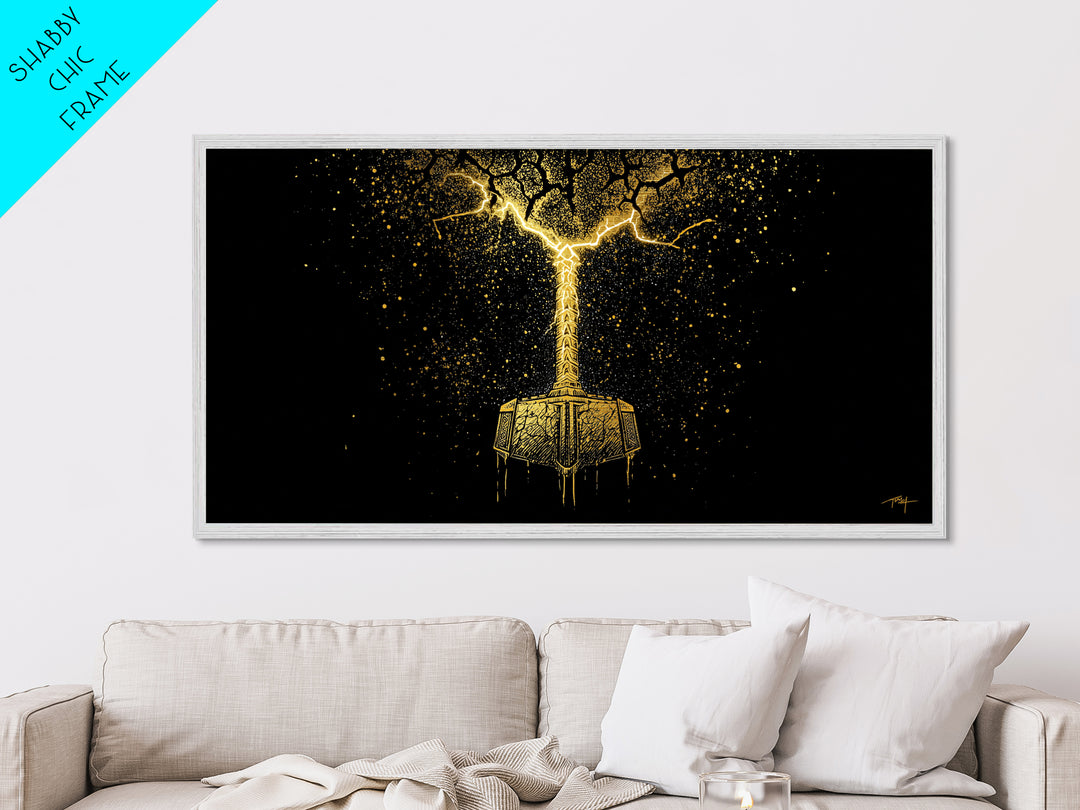 Thor’s Mjolnir Hammer Metallic Gold Art Metal Art Nordic Wall Art Viking Decor Mythology Office Piece framed in premium natural wood