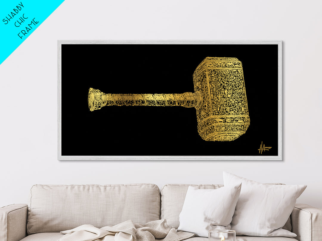 Thor’s Hammer Mjolnir Metallic Gold Art Metal Art Nordic Mythology Wall Hanging Viking Decor Office Art Gift framed in solid natural wood