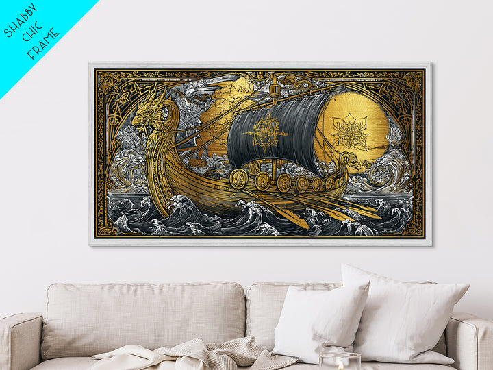 Naglfar Norse Longship Metallic Gold Art Metal Art Viking Ship Wall Decor Nordic Mythology Office or Dad Gift framed with natural wood