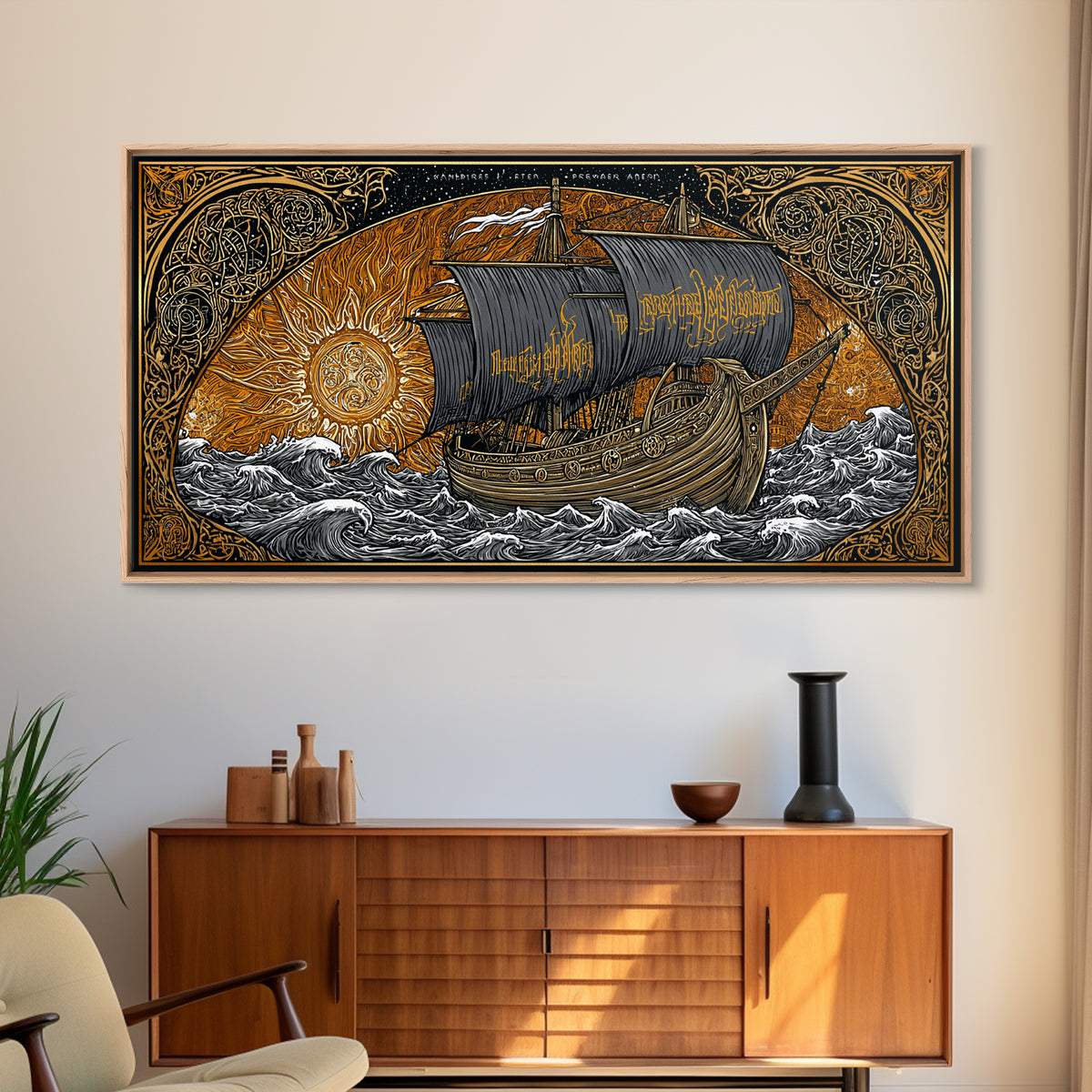 Viking Ship Naglfar Canvas Gold Art Canvas Art Nordic Longship Decor Norse Mythology Office Wall Art Man Cave framed in authentic wood