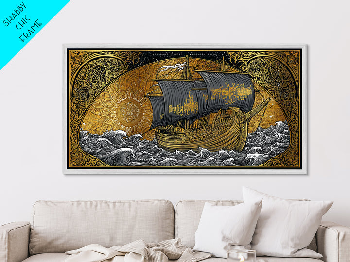 Viking Ship Naglfar Metallic Gold Art Metal Art Nordic Longship Decor Norse Mythology Office Wall Art Man Cave framed in authentic wood