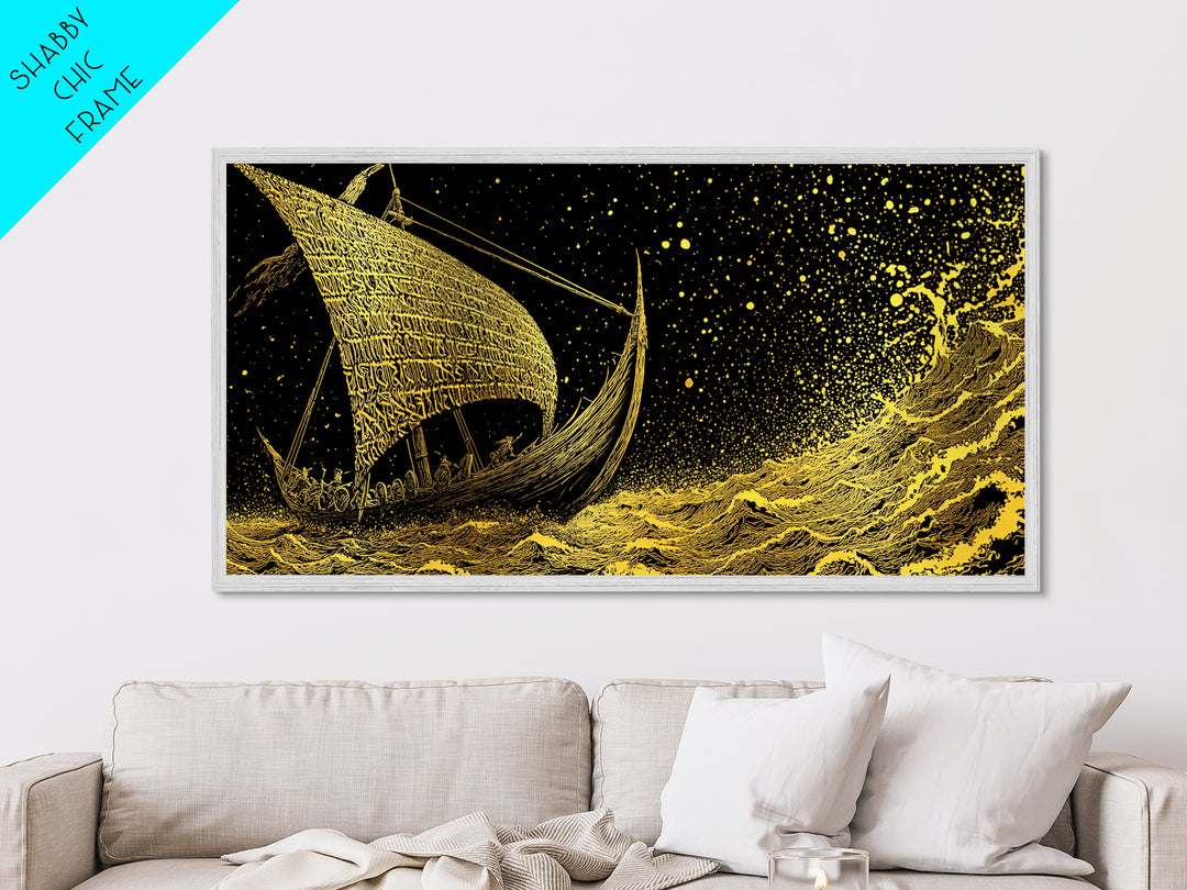 Norse Ship Naglfar Metallic Gold Art Metal Art Viking Longship Wall Hanging Decor for Dad Gift Office Art framed in handcrafted real wood