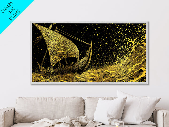 Norse Ship Naglfar Metallic Gold Art Metal Art Viking Longship Wall Hanging Decor for Dad Gift Office Art framed in handcrafted real wood