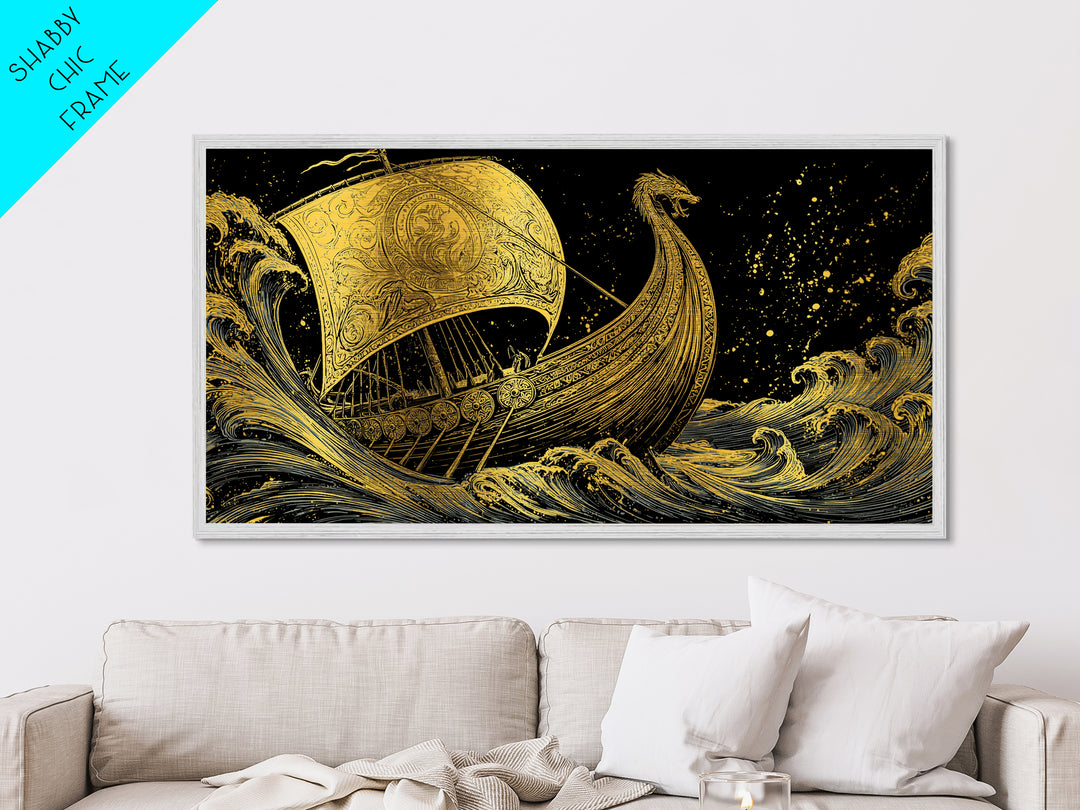 Naglfar Viking Ship Metallic Gold Art Metal Art Norse Mythology Longship Wall Hanging Decor Office Art Man Cave Gift framed in real wood