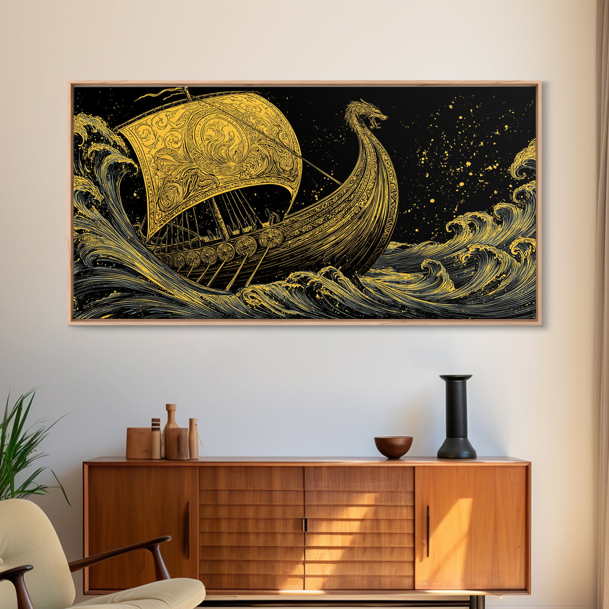 Naglfar Viking Ship Canvas Gold Art Canvas Art Norse Mythology Longship Wall Hanging Decor Office Art Man Cave Gift framed in real wood