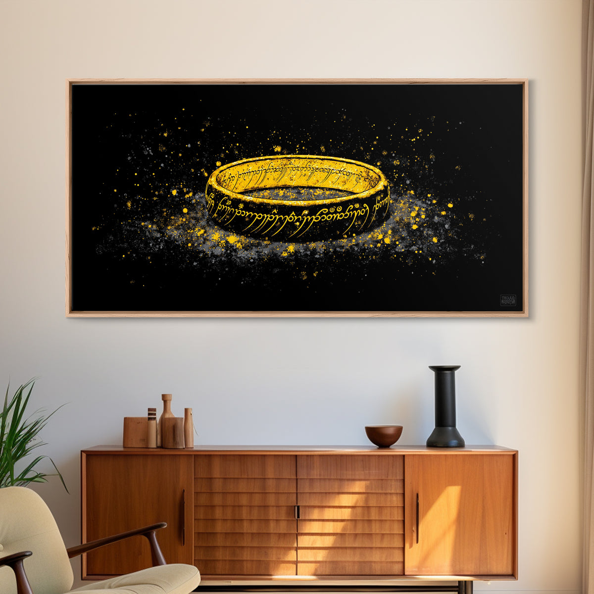 Norse Mythology Rune Ring Canvas Gold Art Viking Symbolic Canvas Art, Man Cave Wall Decor framed in authentic natural wood