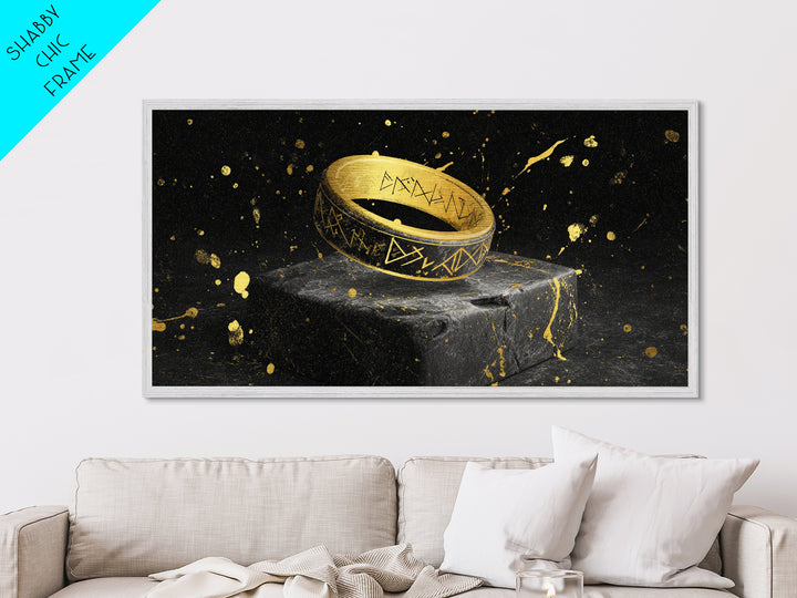 Viking Rune Ring Metallic Gold Art Nordic Symbol Metal Art Norse Jewelry Wall Decor, Office Art or Dad Gift with real wood frame