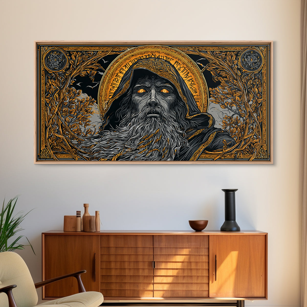 Ragnarok Battle Canvas Gold Art Viking Apocalypse Scene Canvas Art, Norse Mythology Man Cave Art with sturdy real wood frame