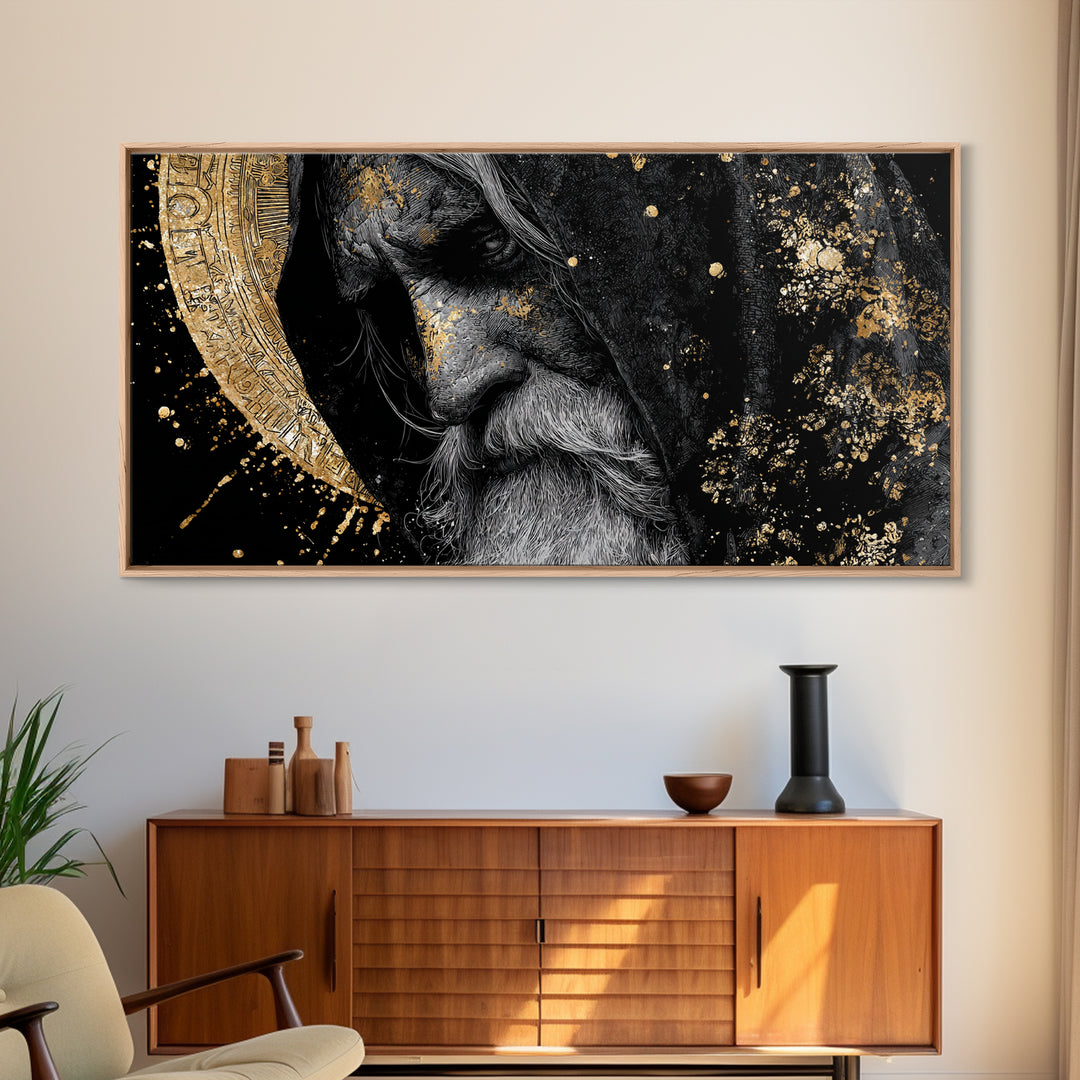 Odin Wisdom Canvas Gold Art Nordic Mythology Norse God Canvas Art, Viking Office Wall Decor for Men framed in natural wood