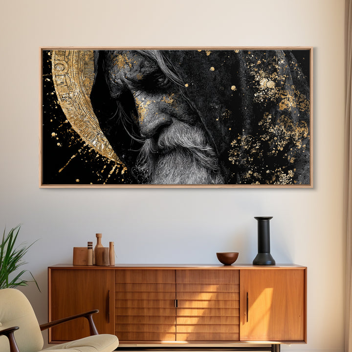 Odin Wisdom Canvas Gold Art Nordic Mythology Norse God Canvas Art, Viking Office Wall Decor for Men framed in natural wood