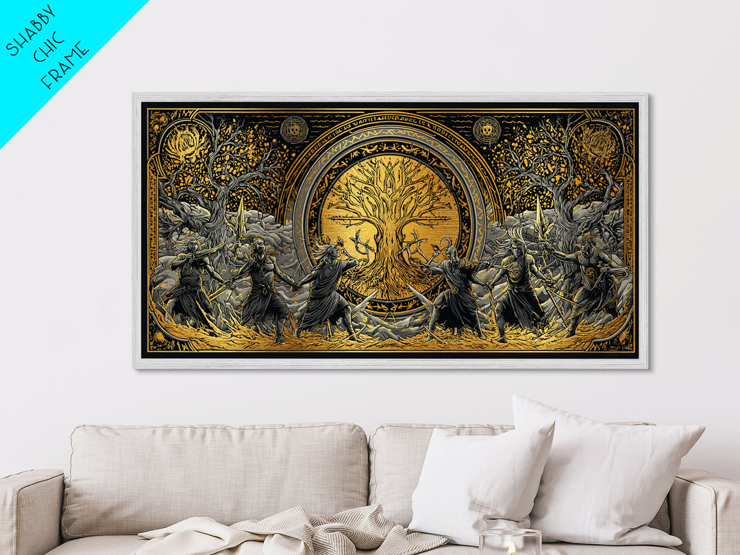 Sköll Wolf Metallic Gold Art Norse Mythology Metal Art, Viking Wolf Devours the Sun Wall Decor in real wood frame for office