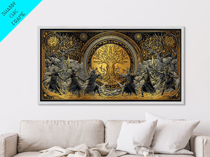 Sköll Wolf Metallic Gold Art Norse Mythology Metal Art, Viking Wolf Devours the Sun Wall Decor in real wood frame for office