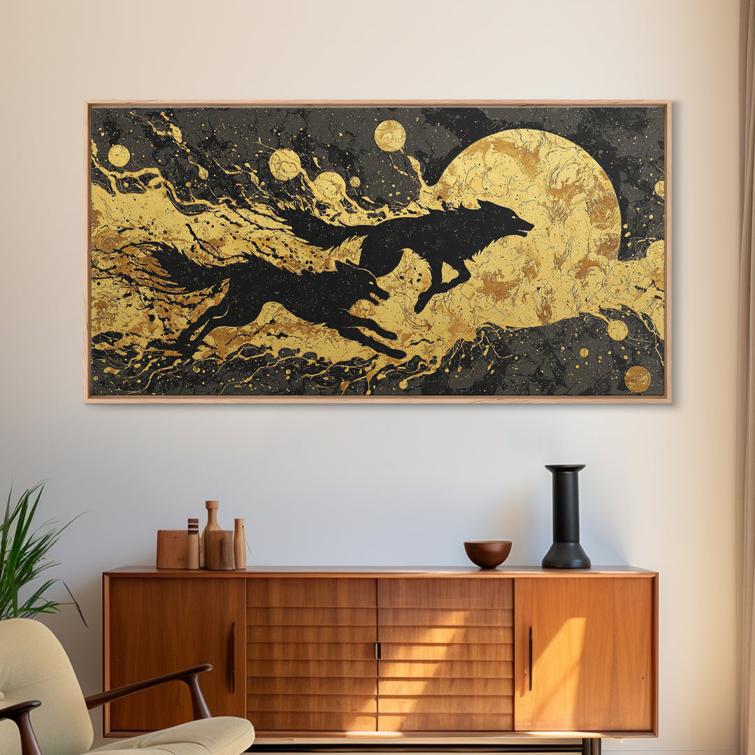 Fenrir Wolf Canvas Gold Art Norse Mythology Canvas Art, Viking Beast of Ragnarok Wall Decor for Office or Man Cave in wood frame