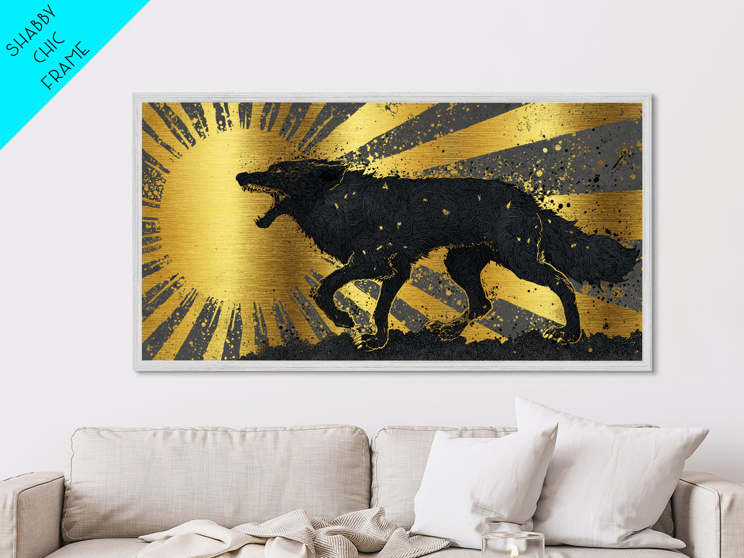 Hati and Sköll Wolves Metallic Gold Art Norse Mythology Metal Art, Viking Sun and Moon Chase Wall Decor framed in real wood