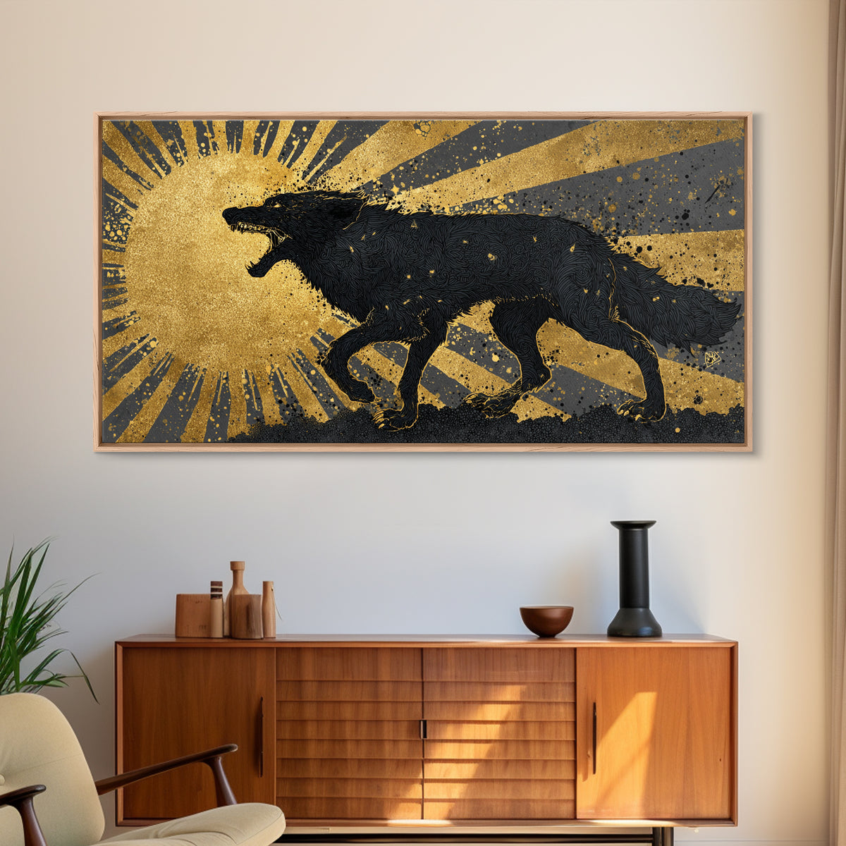 Hati and Sköll Wolves Canvas Gold Art Norse Mythology Canvas Art, Viking Sun and Moon Chase Wall Decor framed in real wood
