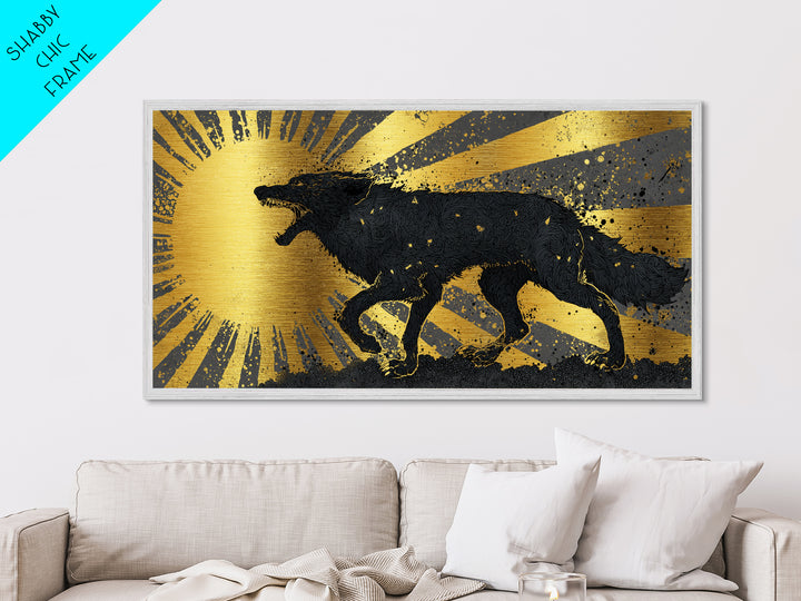 Hati and Sköll Wolves Metallic Gold Art Norse Mythology Metal Art, Viking Sun and Moon Chase Wall Decor framed in real wood