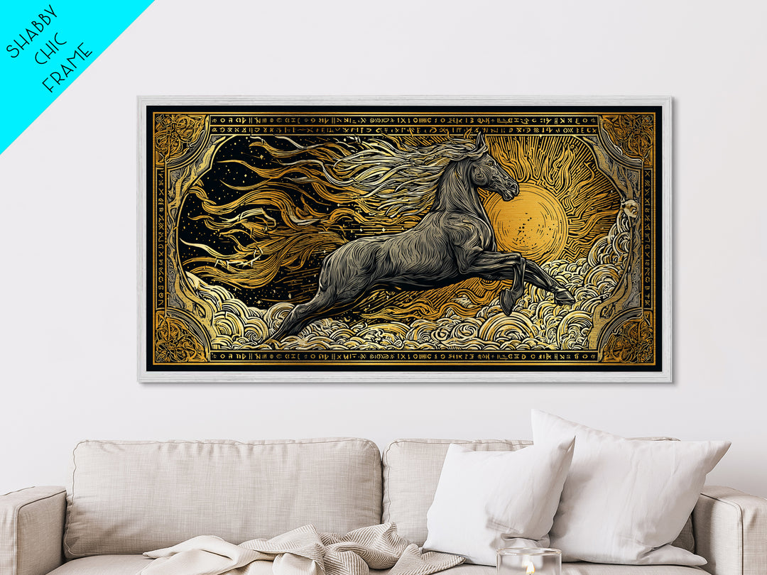 Mythical Sleipnir Metallic Gold Art Wall Decor, Odin’s Eight-Legged Horse Norse Metal Art with real wood frame, Viking Office Art