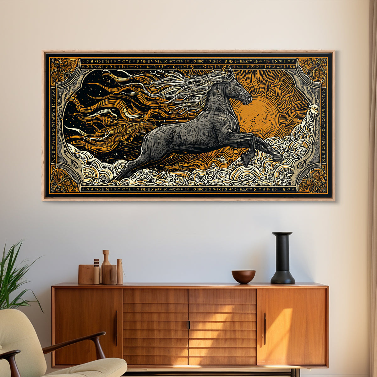 Mythical Sleipnir Canvas Gold Art Wall Decor, Odin’s Eight-Legged Horse Norse Canvas Art with real wood frame, Viking Office Art