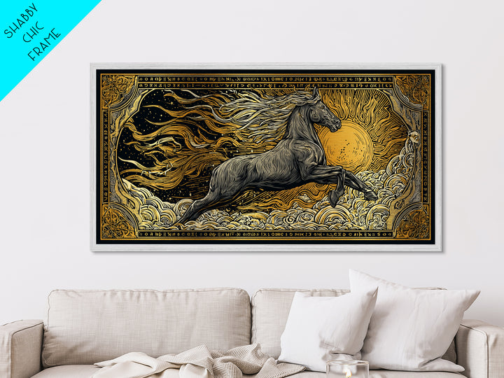 Mythical Sleipnir Metallic Gold Art Wall Decor, Odin’s Eight-Legged Horse Norse Metal Art with real wood frame, Viking Office Art