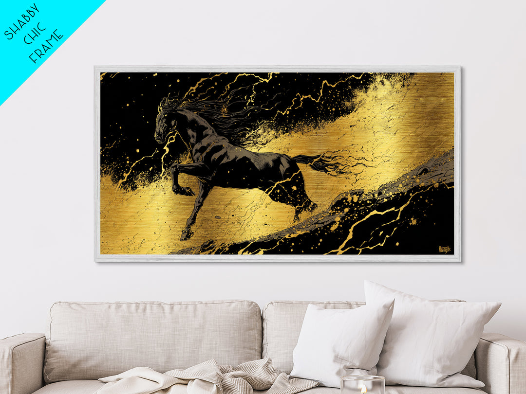 Nordic Sleipnir Horse Metal Art, Metallic Gold Art in Norse Mythology Style, Man Cave Wall Art for Men, framed in authentic wood