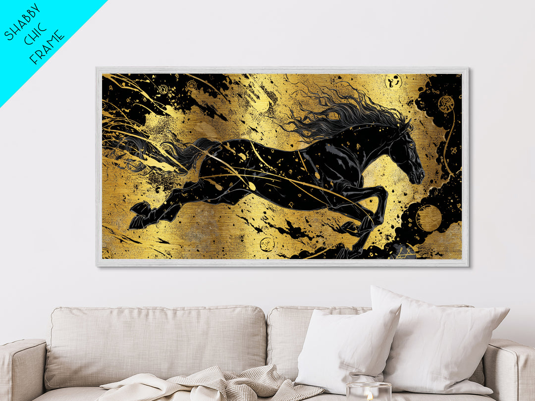 Sleipnir Norse Horse Metallic Gold Art, Nordic Mythology Metal Art for Man Cave or Office, framed in natural wood, unique Dad Gift