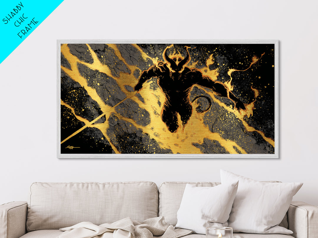 Mythical Surtur with Flaming Sword Metallic Gold Art, Viking Metal Art Norse Decor, Man Cave Office Art, framed in handcrafted wood