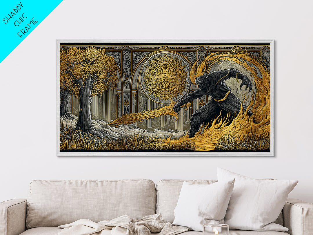 Surtur Norse Fire Giant Metal Art, Nordic Mythology Metallic Gold Art for Office Wall or Man Cave, framed in real wood, bold Dad Gift