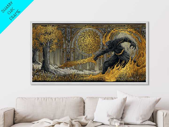 Surtur Norse Fire Giant Metal Art, Nordic Mythology Metallic Gold Art for Office Wall or Man Cave, framed in real wood, bold Dad Gift