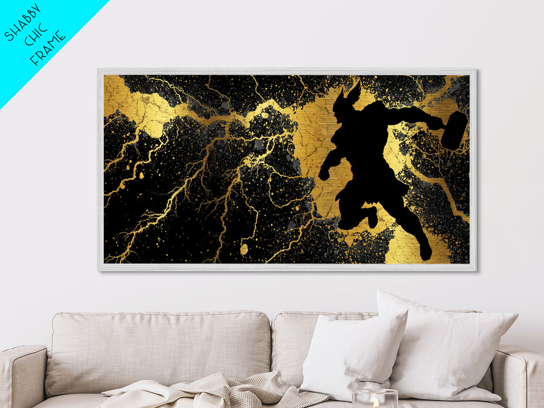 Viking Thor with Mjolnir Metallic Gold Art, Norse Mythology Metal Art Wall Decor for Man Cave or Dad Gift, framed in solid wood