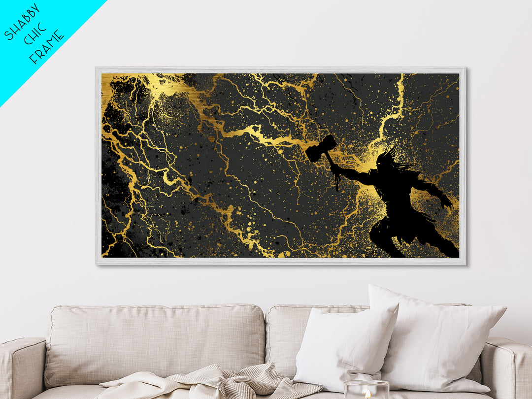 Thor God of Thunder Metal Art, Metallic Gold Art with Lightning, Norse Mythology Wall Decor, Office Art for Men, framed in real wood