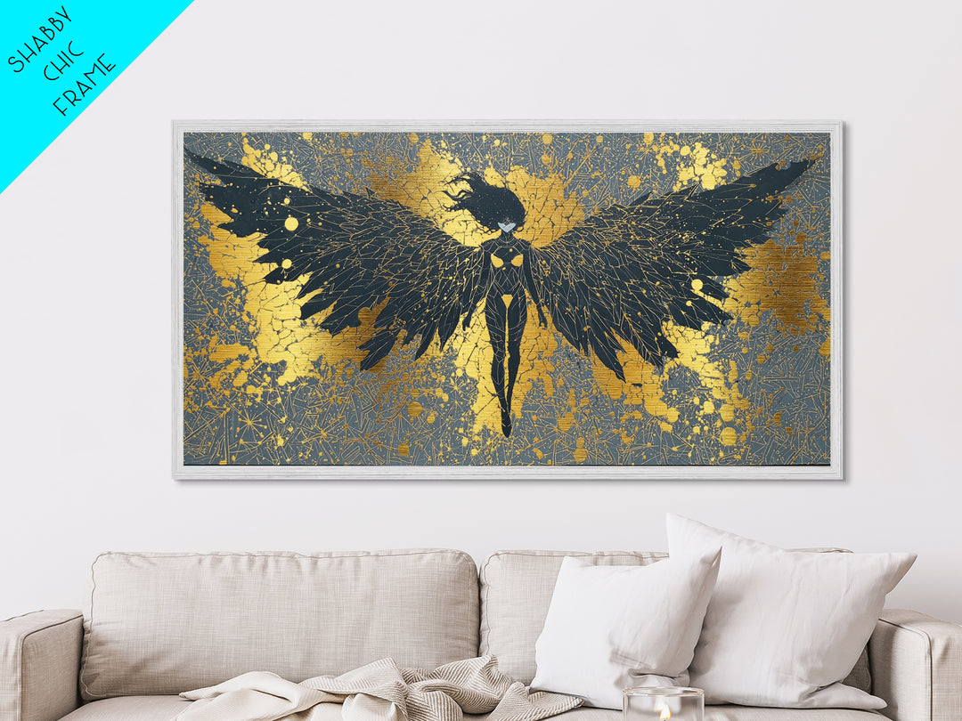 Metal Art Valkyrie Angel Metallic Gold Art, Norse Mythology Wall Hanging framed in Natural Wood, Dad Gift or Office Decor