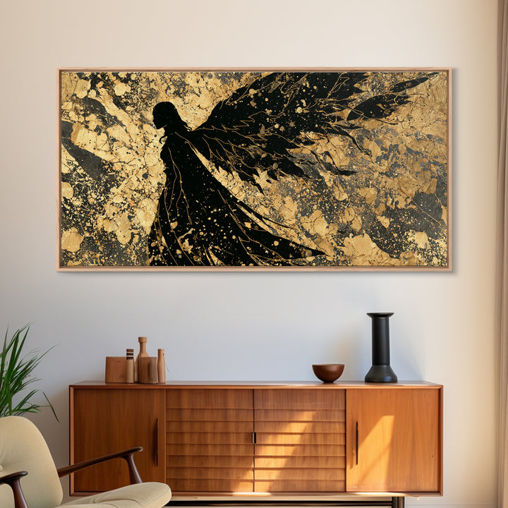 Valkyrie Canvas Gold Art, Norse Mythology Canvas Art Warrior Woman, Nordic Decor for Office or Man Cave, framed in natural wood